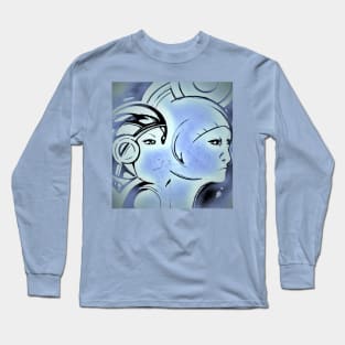 Art Deco blue space faces Jacqueline Mcculloch Long Sleeve T-Shirt